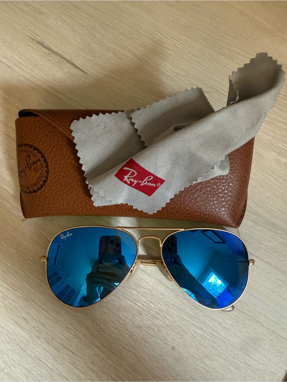 Ray-Ban Gold Frame Aviator Sunglasses with Blue Lenses